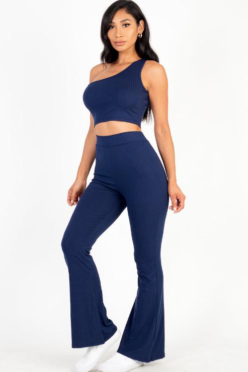 Ribbed One Shoulder Crop Top & Flared Pants Set - Capella Apparel