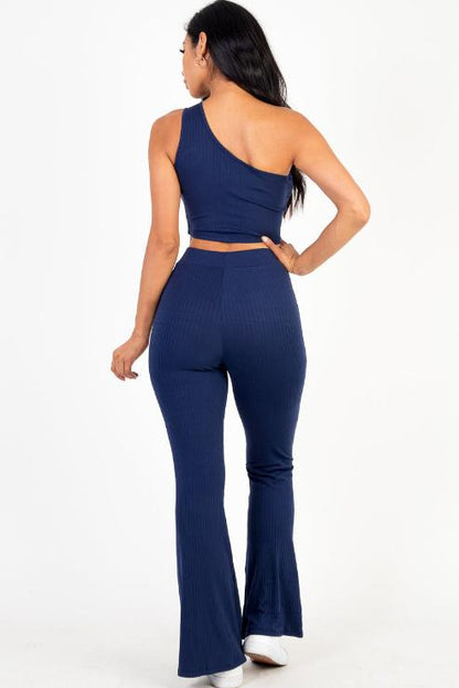 Ribbed One Shoulder Crop Top & Flared Pants Set - Capella Apparel