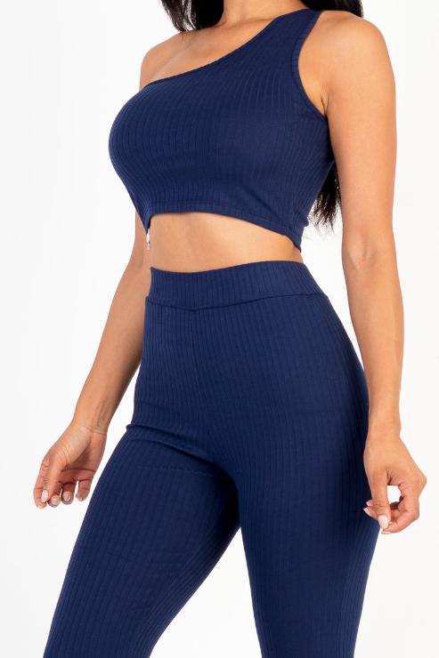 Ribbed One Shoulder Crop Top & Flared Pants Set - Capella Apparel