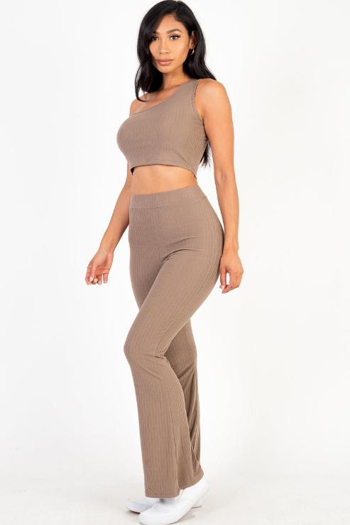 Ribbed One Shoulder Crop Top & Flared Pants Set - Capella Apparel