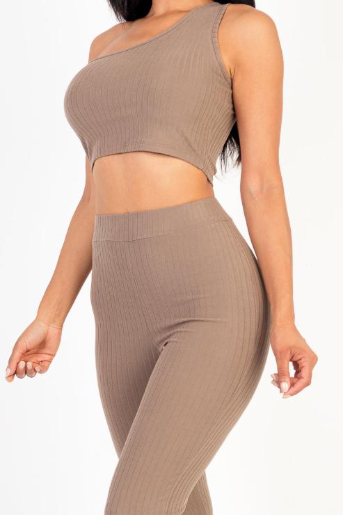 Ribbed One Shoulder Crop Top & Flared Pants Set - Capella Apparel