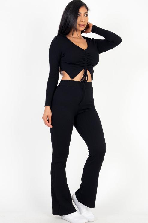 Ruched Drawstring Crop Shirt & Flare Pants Set - Capella Apparel