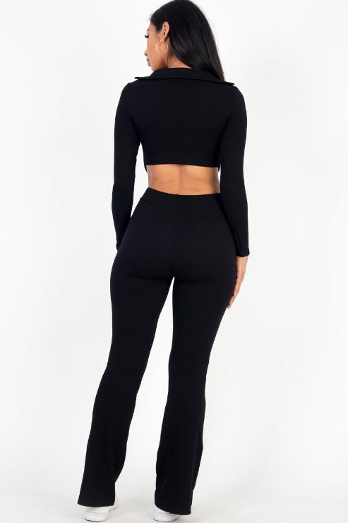 Ruched Drawstring Crop Shirt & Flare Pants Set - Capella Apparel