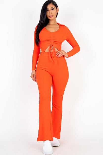 Ruched Drawstring Crop Shirt & Flare Pants Set - Capella Apparel