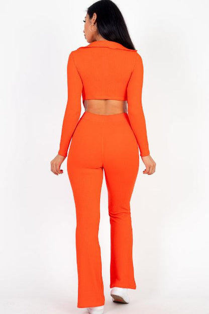 Ruched Drawstring Crop Shirt & Flare Pants Set - Capella Apparel