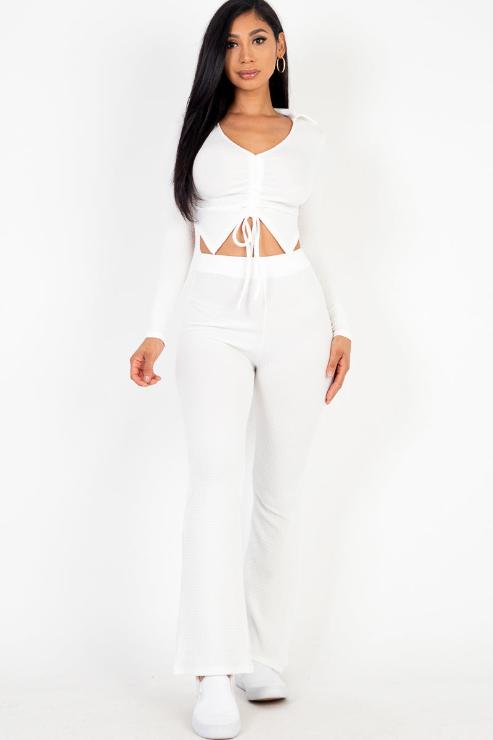 Ruched Drawstring Crop Shirt & Flare Pants Set - Capella Apparel