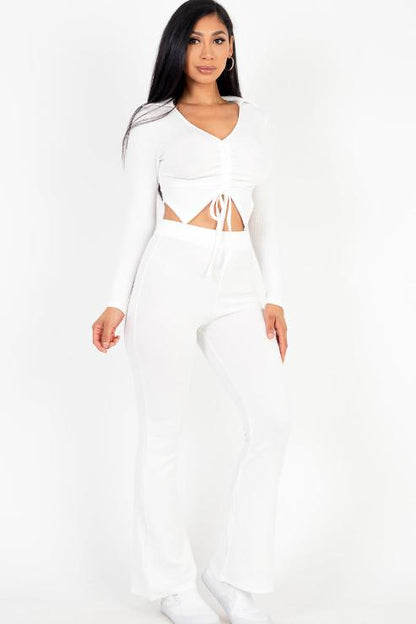 Ruched Drawstring Crop Shirt & Flare Pants Set - Capella Apparel