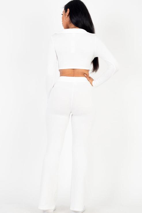 Ruched Drawstring Crop Shirt & Flare Pants Set - Capella Apparel