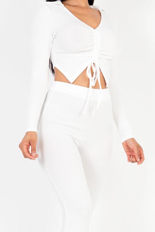 Ruched Drawstring Crop Shirt & Flare Pants Set - Capella Apparel