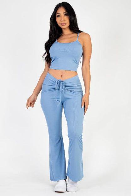 Ribbed Cami Top & Ruched Drawstring Flared Pants Set - Capella Apparel