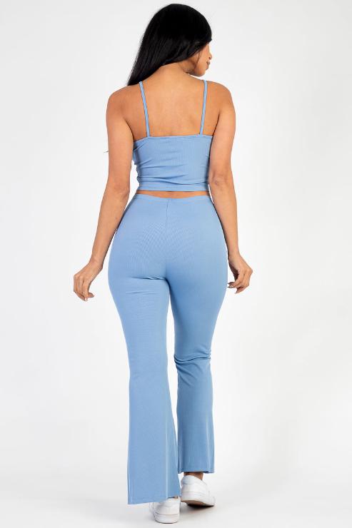 Ribbed Cami Top & Ruched Drawstring Flared Pants Set - Capella Apparel