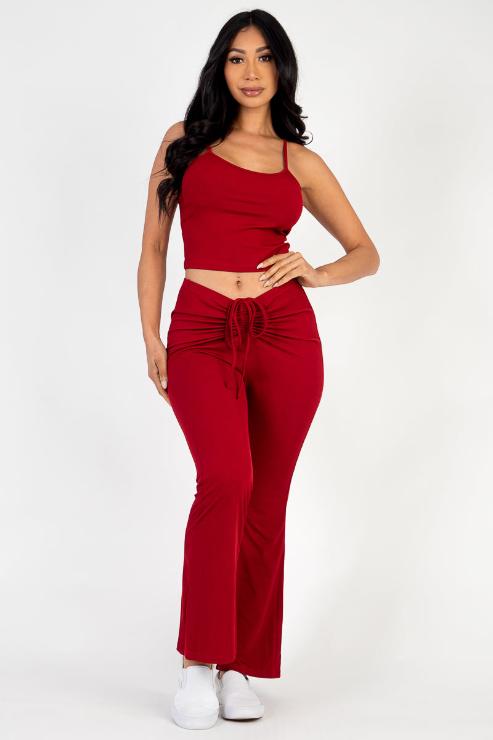 Ribbed Cami Top & Ruched Drawstring Flared Pants Set - Capella Apparel