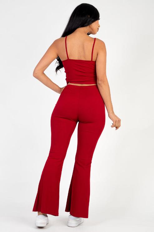 Ribbed Cami Top & Ruched Drawstring Flared Pants Set - Capella Apparel