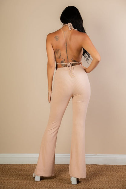 Split Front Backless Halter Top & Flare Pants Set (CAPELLA) - Capella Apparel