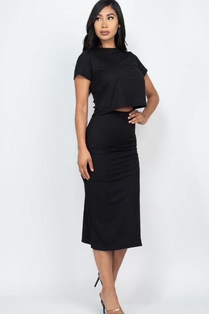 Short Sleeve Ribbed Top & Midi Skirt Set - Capella Apparel Wholesale