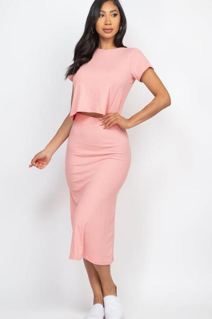 Short Sleeve Ribbed Top & Midi Skirt Set - Capella Apparel Wholesale