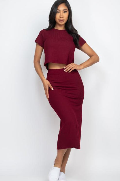 Short Sleeve Ribbed Top & Midi Skirt Set - Capella Apparel Wholesale