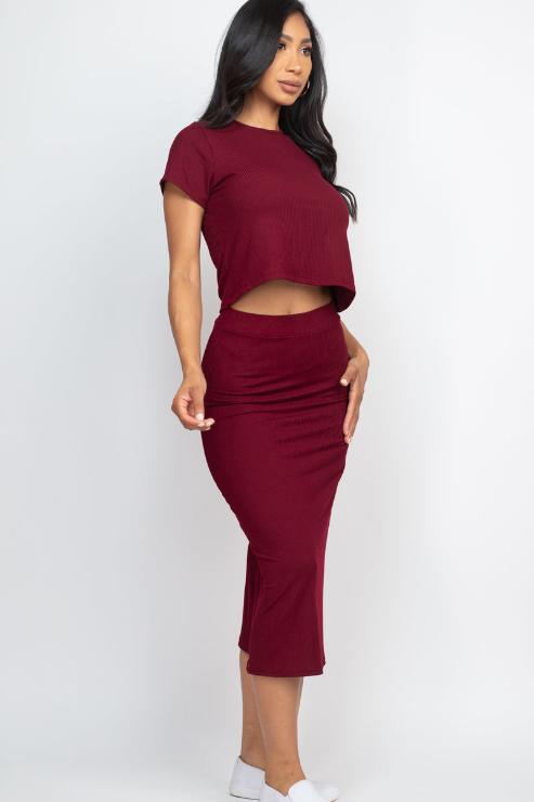 Short Sleeve Ribbed Top & Midi Skirt Set - Capella Apparel Wholesale