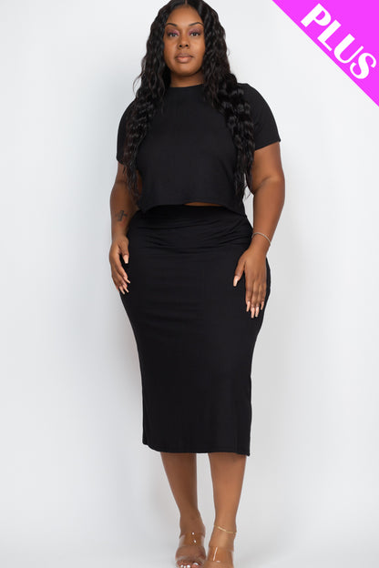 Plus Size Short Sleeve Ribbed Top & Midi Skirt Set - Capella Apparel Wholesale