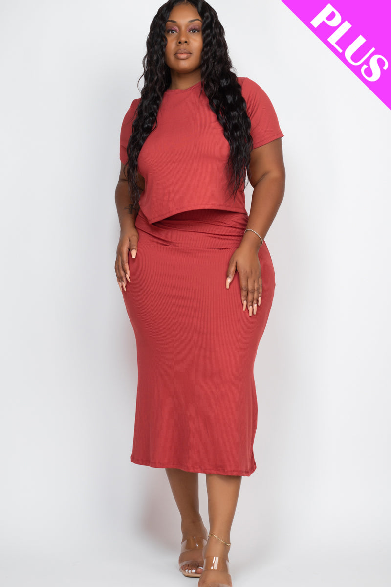 Plus Size Short Sleeve Ribbed Top & Midi Skirt Set - Capella Apparel Wholesale