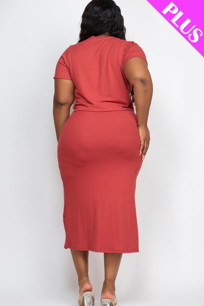 Plus Size Short Sleeve Ribbed Top & Midi Skirt Set - Capella Apparel Wholesale