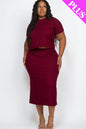 Plus Size Short Sleeve Ribbed Top & Midi Skirt Set - Capella Apparel Wholesale