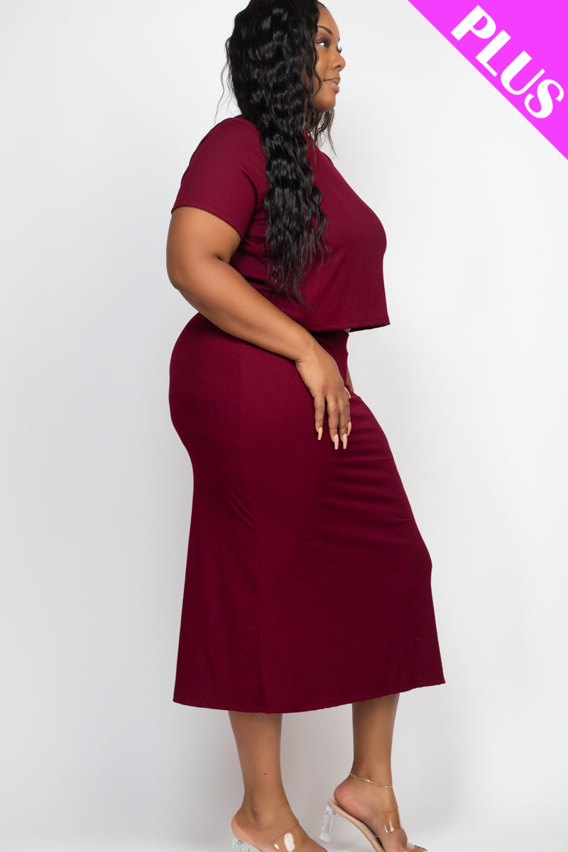 Plus Size Short Sleeve Ribbed Top & Midi Skirt Set - Capella Apparel Wholesale