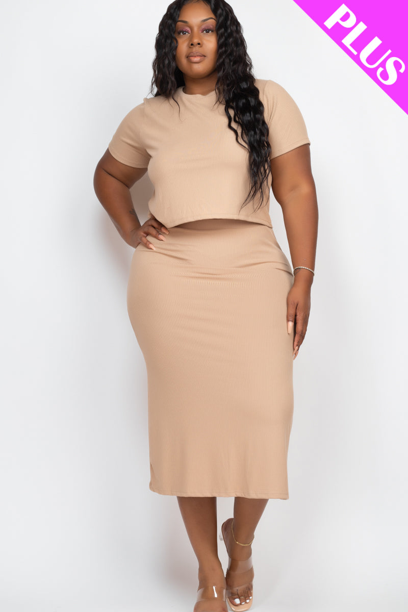 Plus Size Short Sleeve Ribbed Top & Midi Skirt Set - Capella Apparel Wholesale