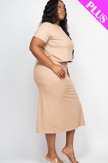 Plus Size Short Sleeve Ribbed Top & Midi Skirt Set - Capella Apparel Wholesale