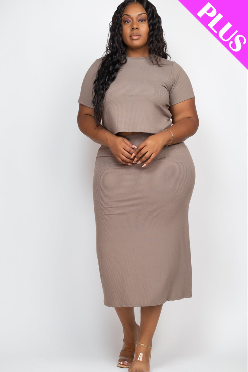 Plus Size Short Sleeve Ribbed Top & Midi Skirt Set - Capella Apparel Wholesale