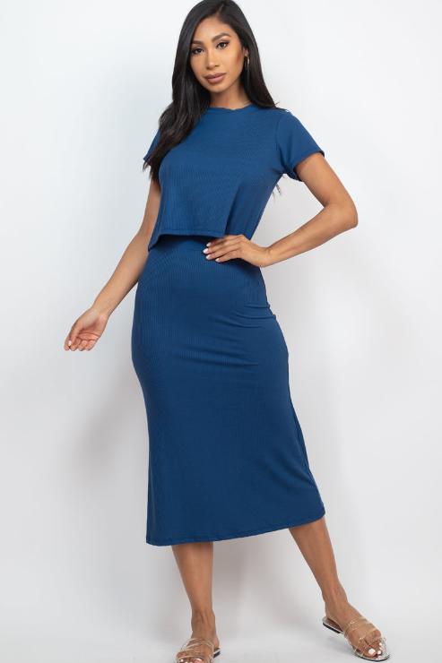 Short Sleeve Ribbed Top & Midi Skirt Set - Capella Apparel Wholesale