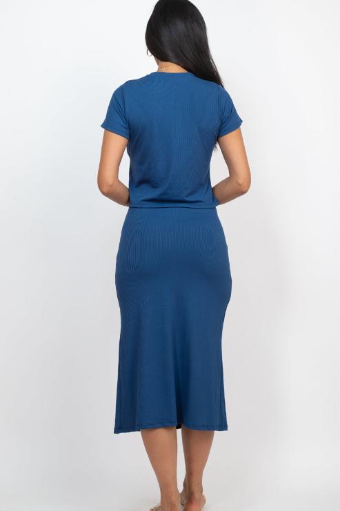 Short Sleeve Ribbed Top & Midi Skirt Set - Capella Apparel Wholesale