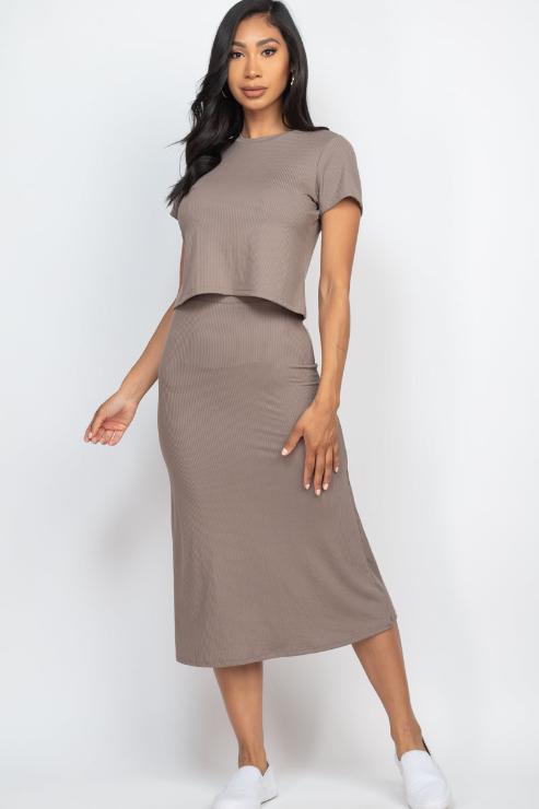 Short Sleeve Ribbed Top & Midi Skirt Set - Capella Apparel Wholesale