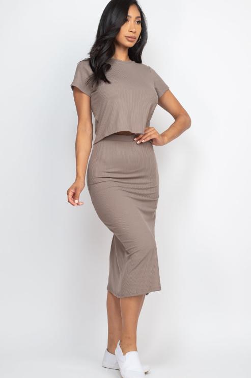 Short Sleeve Ribbed Top & Midi Skirt Set - Capella Apparel Wholesale