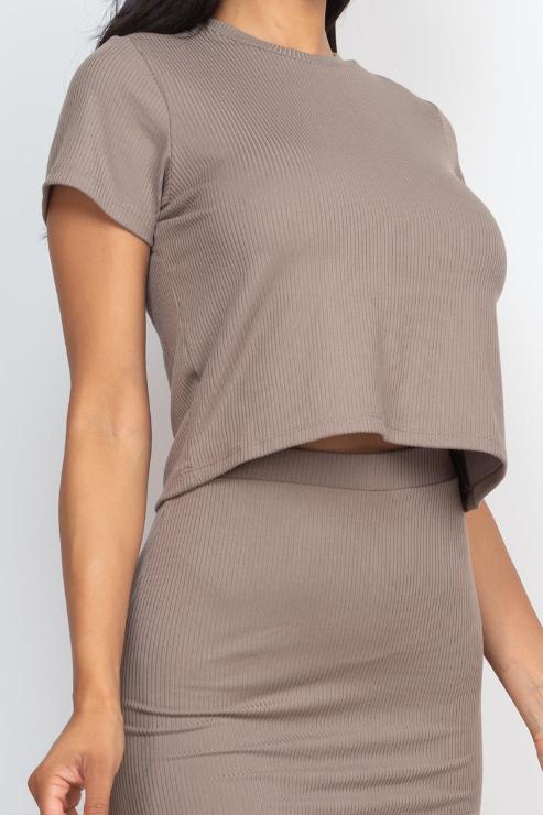 Short Sleeve Ribbed Top & Midi Skirt Set - Capella Apparel Wholesale