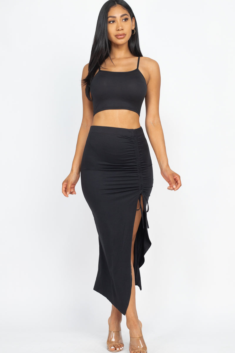 Cami Crop Top & Ruched Side Split Hem Midi Skirt Set - Wholesale Capella Apparel