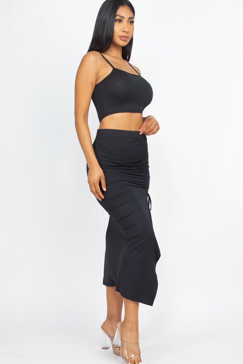 Cami Crop Top & Ruched Side Split Hem Midi Skirt Set - Wholesale Capella Apparel