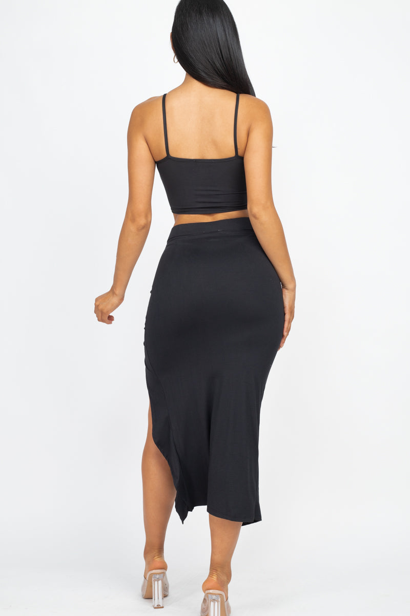 Cami Crop Top & Ruched Side Split Hem Midi Skirt Set - Wholesale Capella Apparel