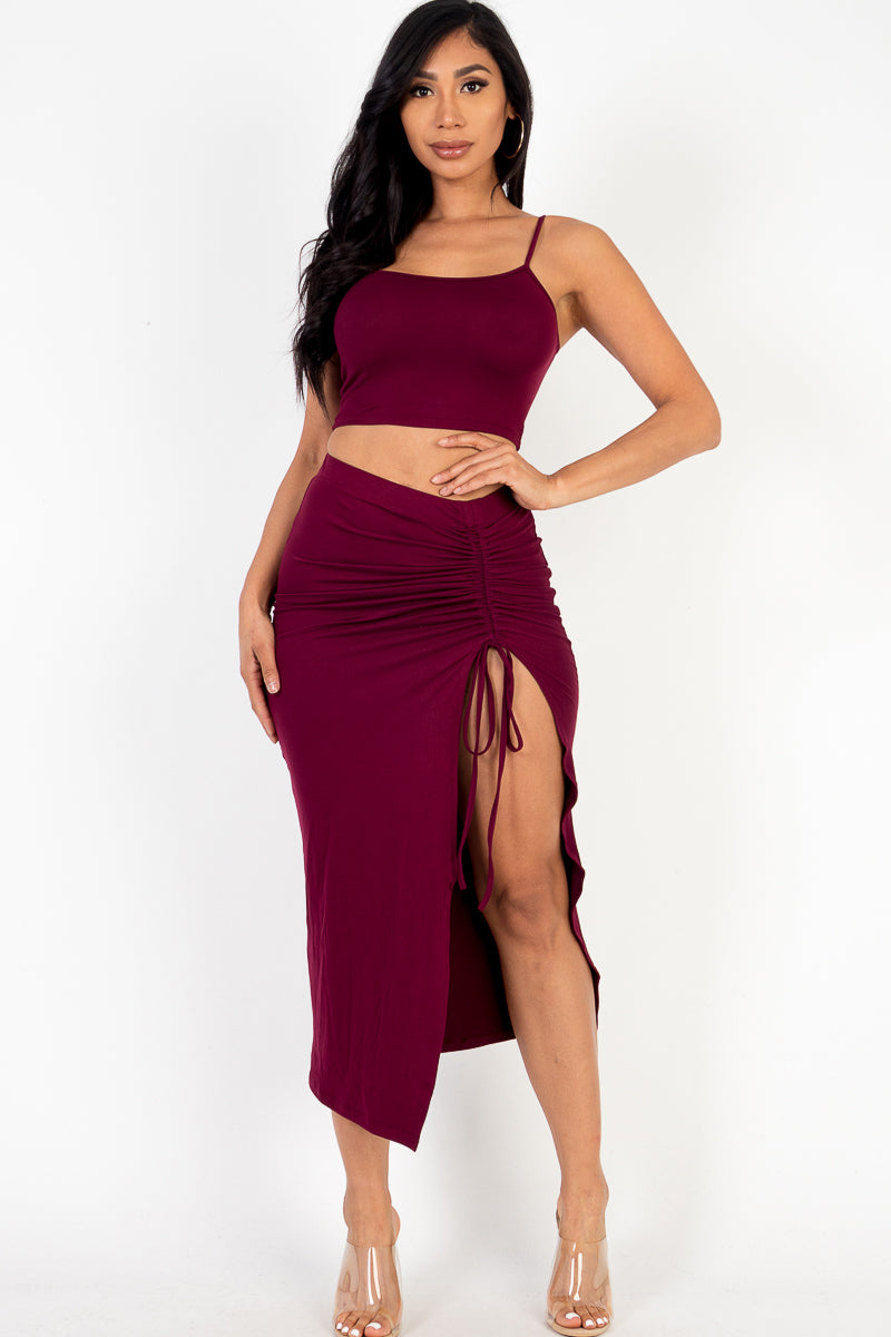 Cami Crop Top & Ruched Side Split Hem Midi Skirt Set - Wholesale Capella Apparel