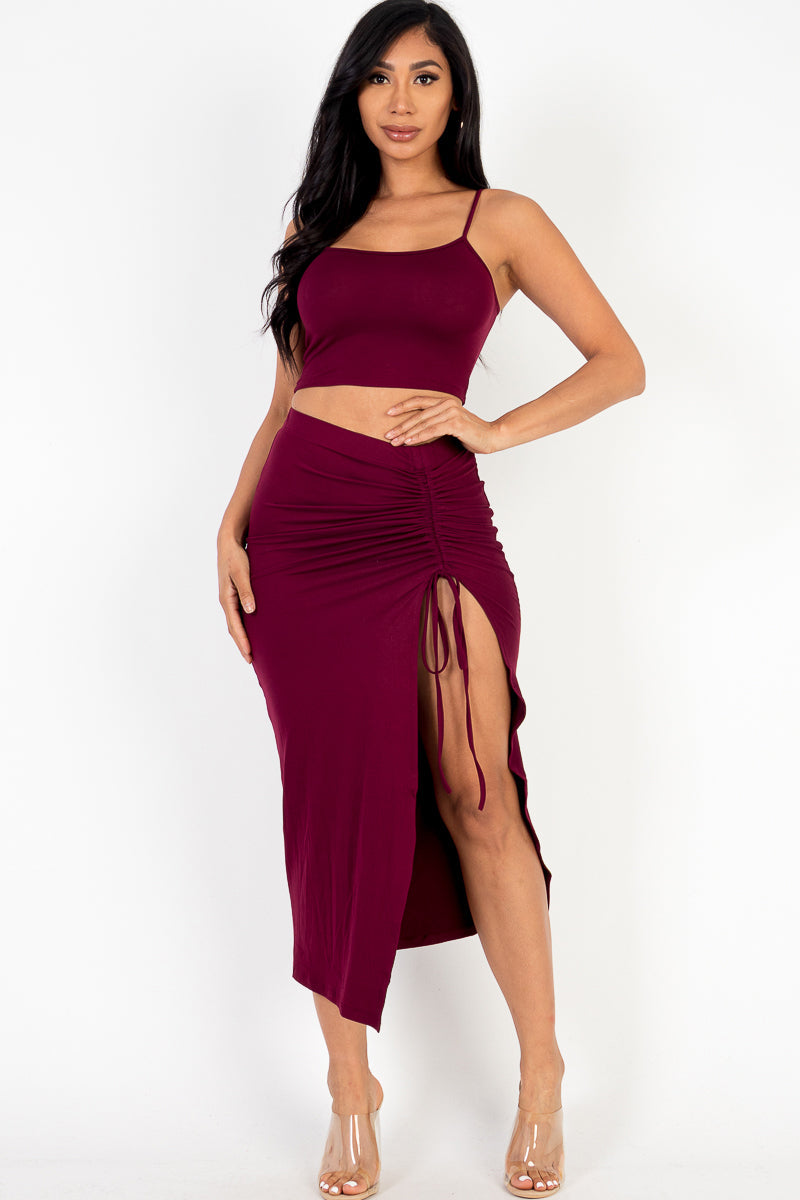 Cami Crop Top & Ruched Side Split Hem Midi Skirt Set (CAPELLA) - Capella Apparel