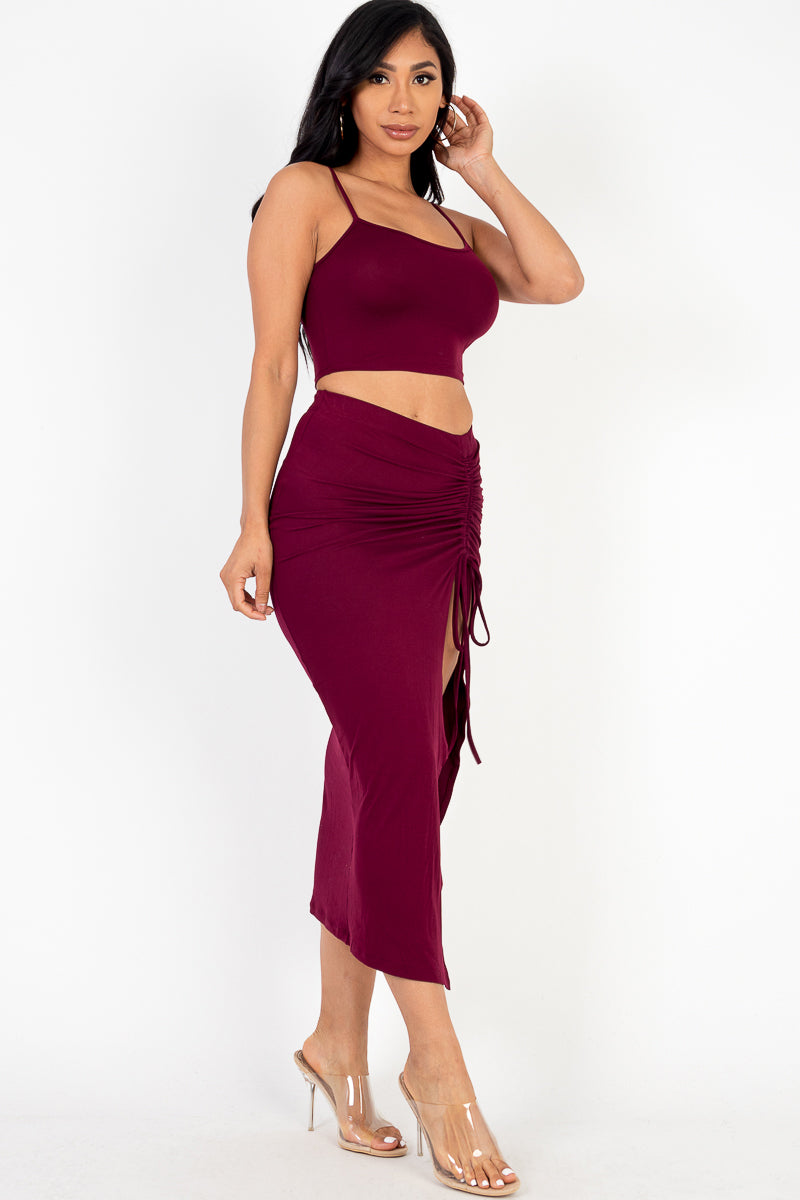 Cami Crop Top & Ruched Side Split Hem Midi Skirt Set - Wholesale Capella Apparel