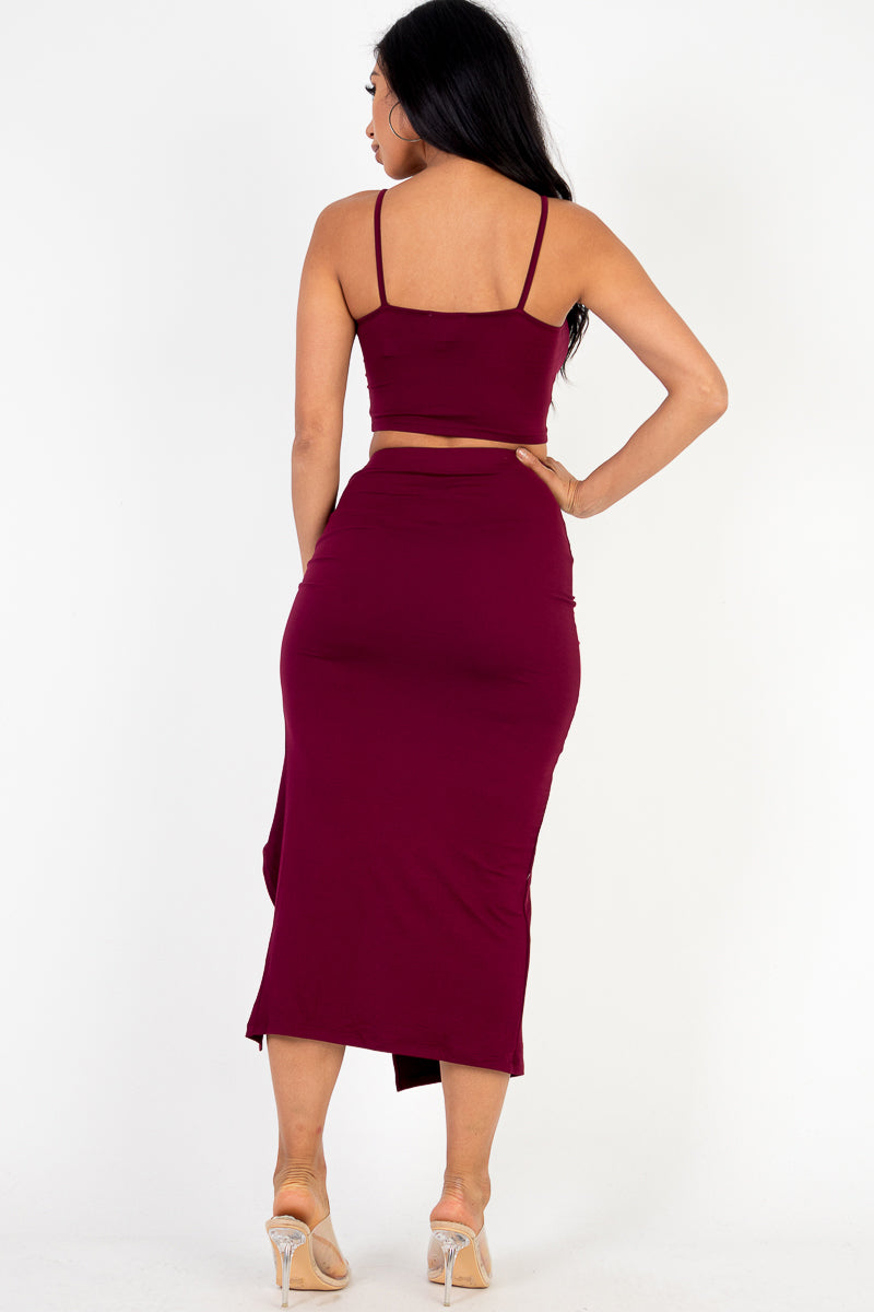 Cami Crop Top & Ruched Side Split Hem Midi Skirt Set - Wholesale Capella Apparel