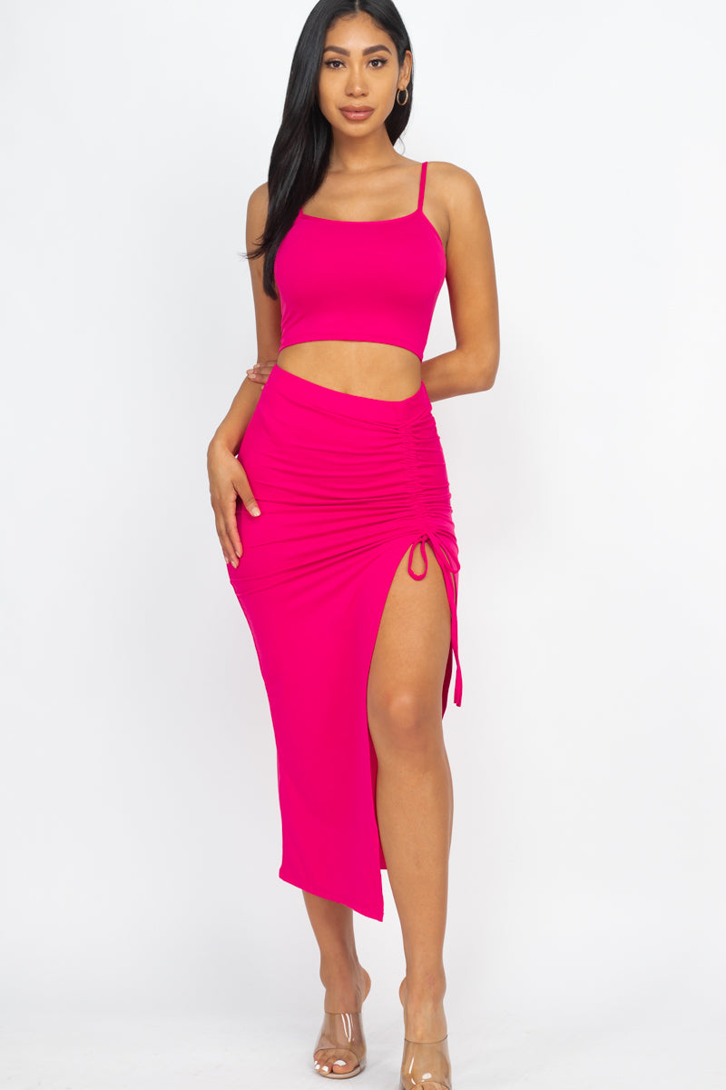 Cami Crop Top & Ruched Side Split Hem Midi Skirt Set - Wholesale Capella Apparel