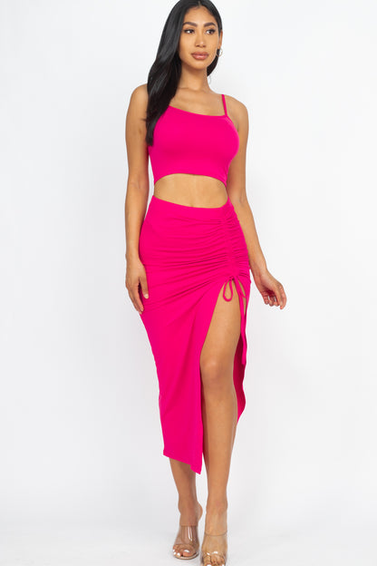 Cami Crop Top & Ruched Side Split Hem Midi Skirt Set - Wholesale Capella Apparel