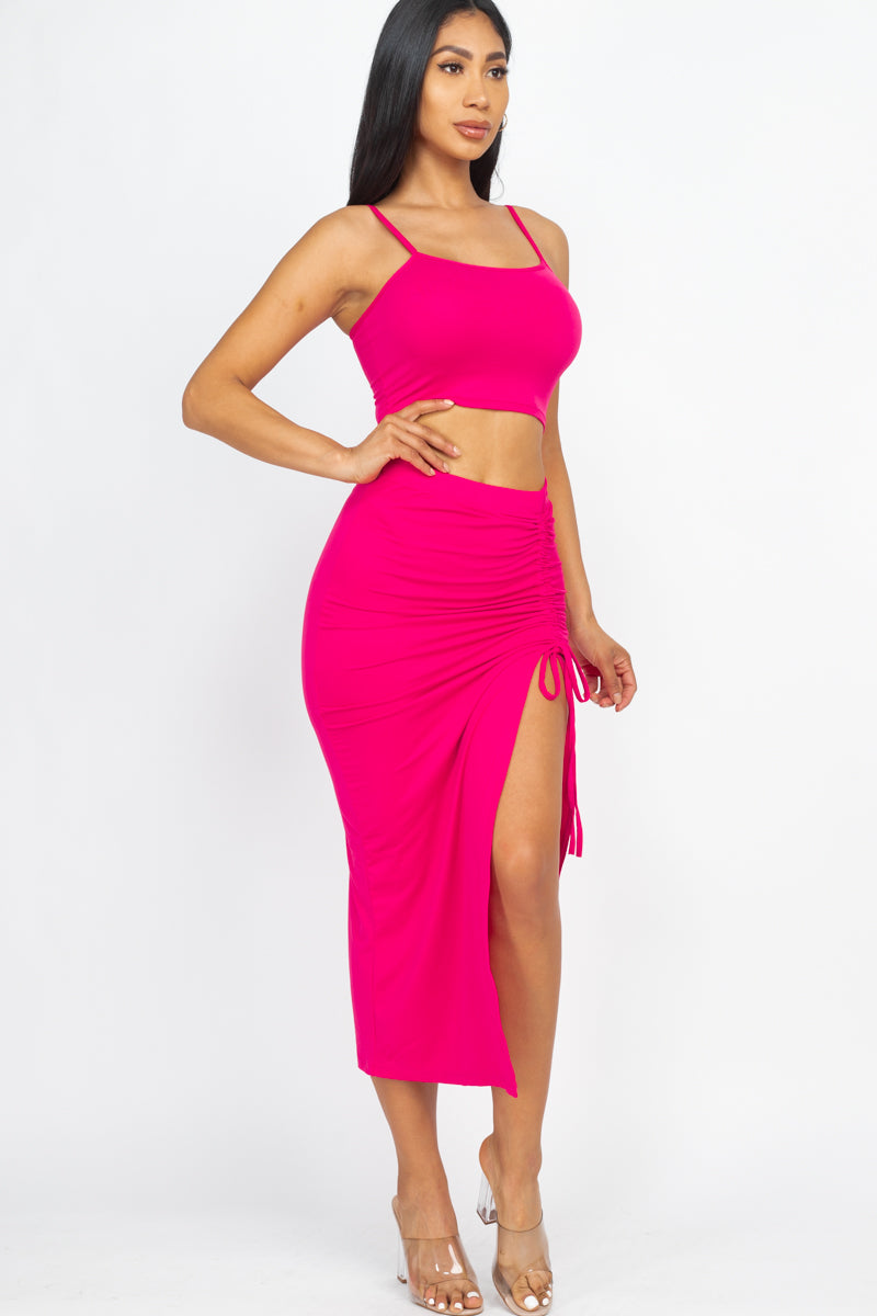 Cami Crop Top & Ruched Side Split Hem Midi Skirt Set - Wholesale Capella Apparel