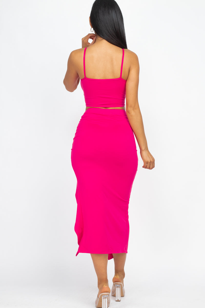 Cami Crop Top & Ruched Side Split Hem Midi Skirt Set - Wholesale Capella Apparel