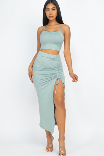 Cami Crop Top & Ruched Side Split Hem Midi Skirt Set - Wholesale Capella Apparel