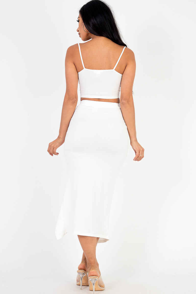 Cami Crop Top & Ruched Side Split Hem Midi Skirt Set - Wholesale Capella Apparel