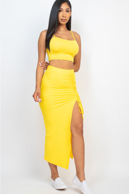 Cami Crop Top & Ruched Side Split Hem Midi Skirt Set - Wholesale Capella Apparel