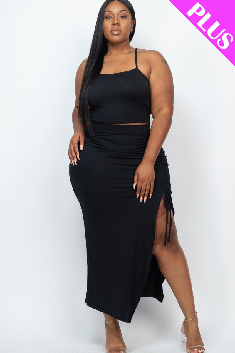 PLUS SIZE Cami Crop Top & Ruched Side Split Hem Midi Skirt Set (CAPELLA) - Capella Apparel